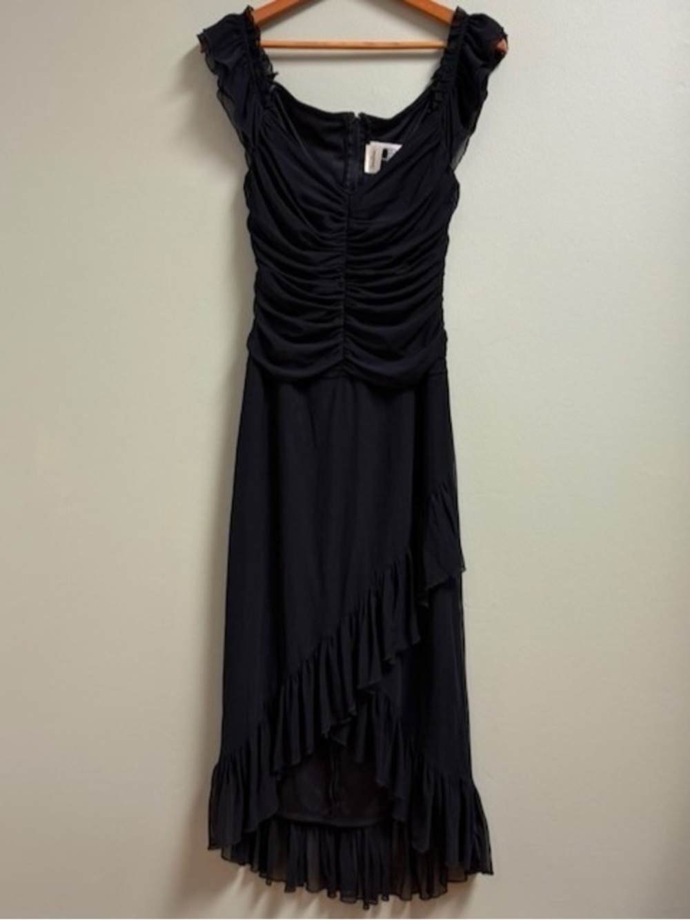 Black Ruffled Ruched Midi Dress - Women